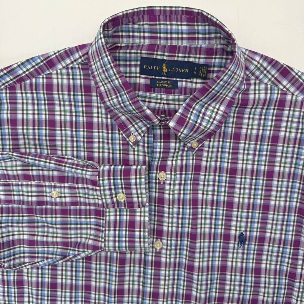 Ralph Lauren Button Down Mens Large Purple Plaid Classic Fit Performance Shirt